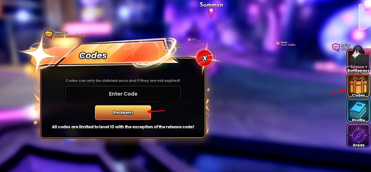 Anime Origins Codes panel, showing the Codes button, Enter Code field, and Redeem button